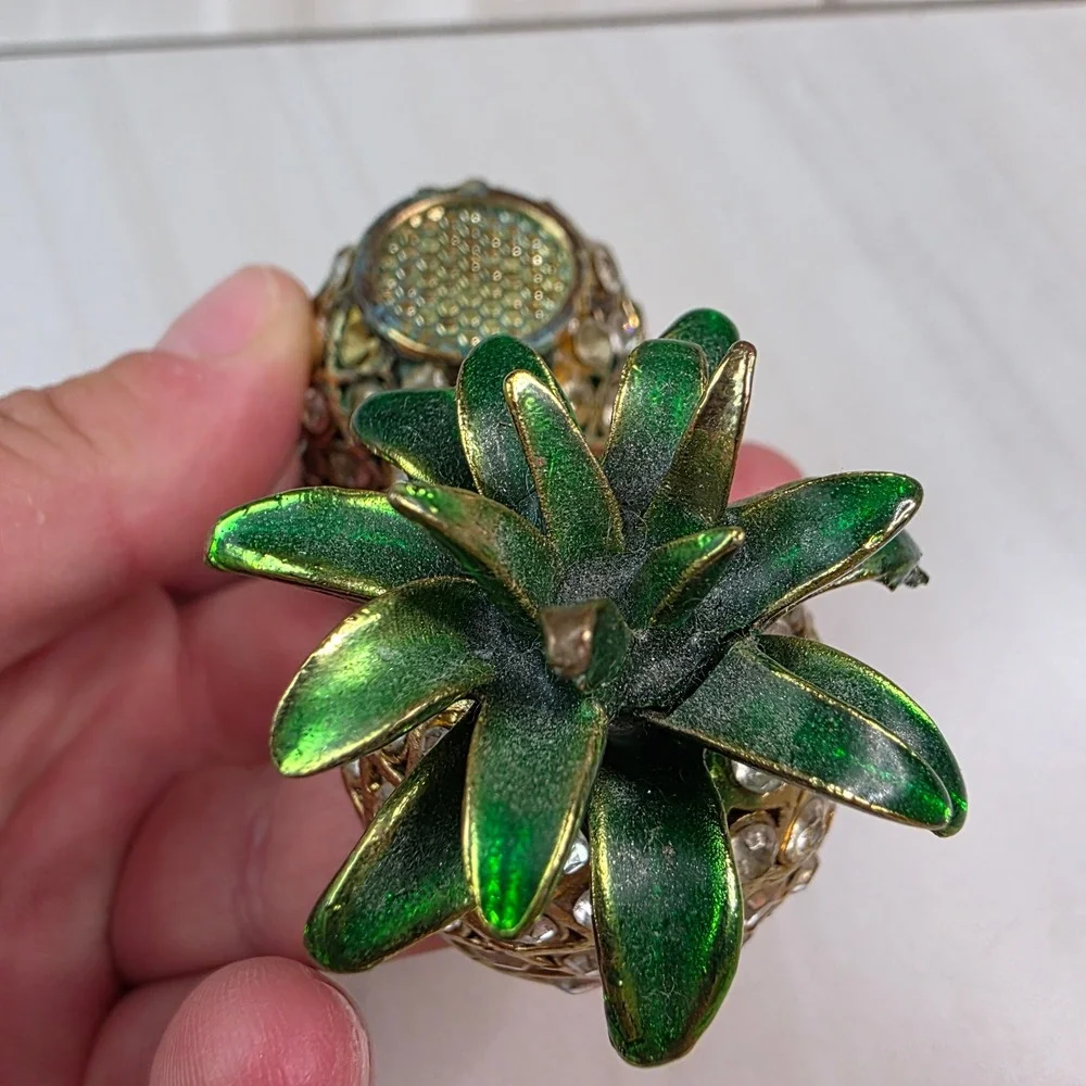 Vintage Pineapple Rhinestone Trinket Box‎ Gold Tone Green Enamel Hinged Jewelry